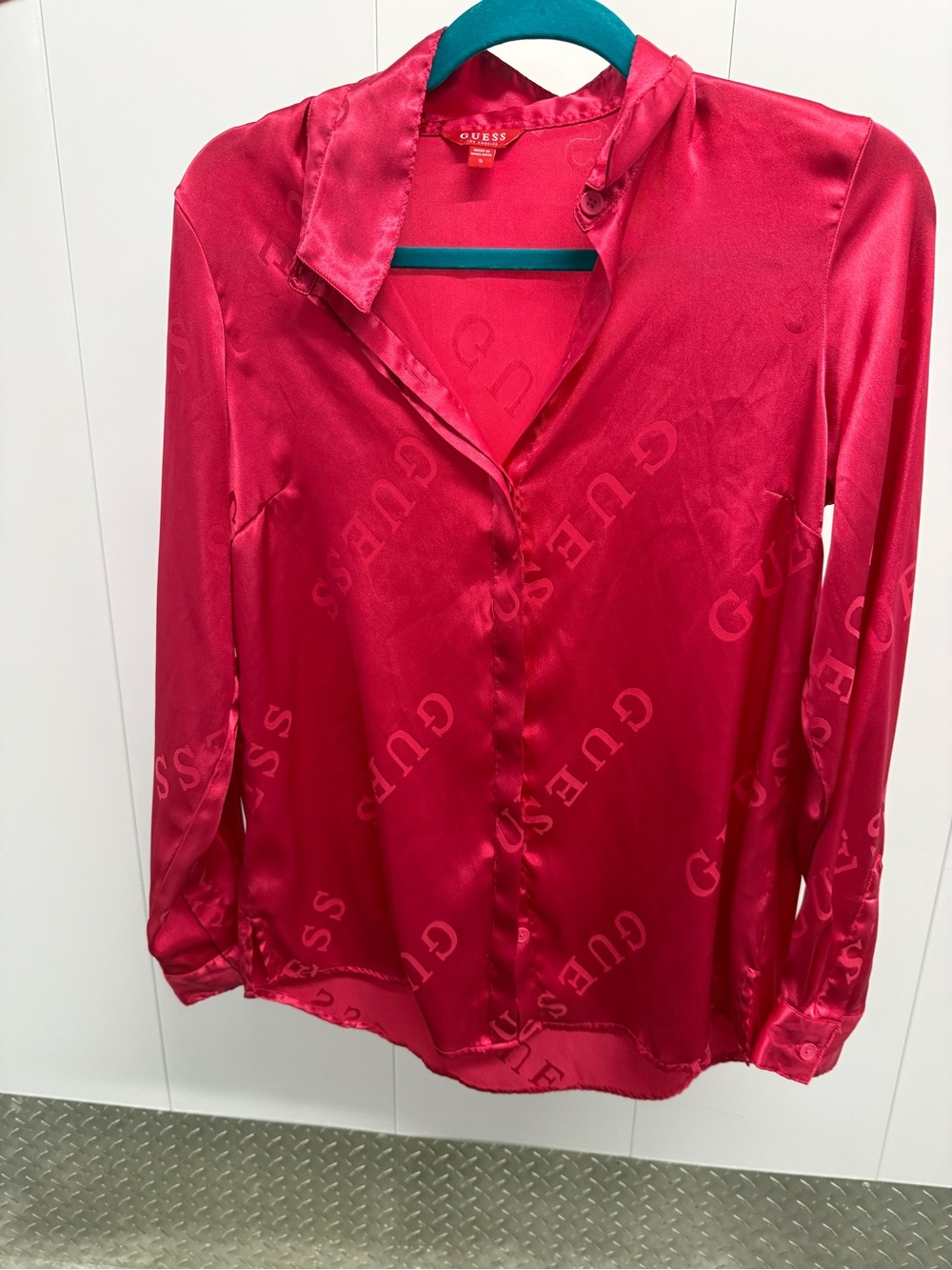 GUESS Hot Pink Satin Logo Blouse